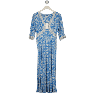 M&S Collection Blue Printed V-neck Lace Insert Midaxi Tea Dress UK 12