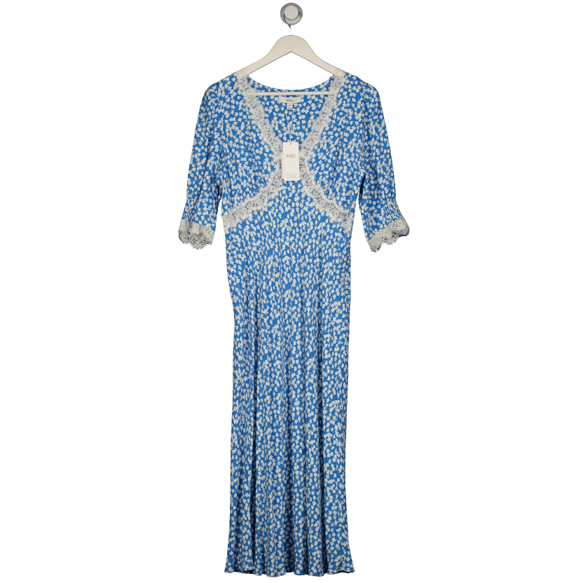 M&S Collection Blue Printed V-neck Lace Insert Midaxi Tea Dress UK 12