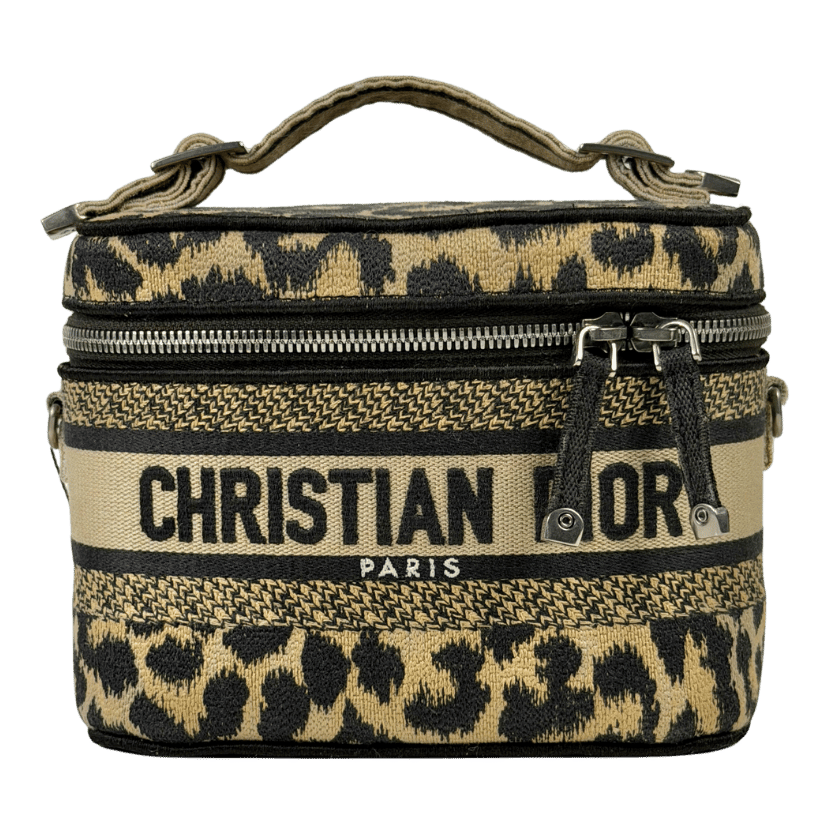 DIOR Beige Mizza Embroidered Canvas Travel Vanity Bag In Leopard Print