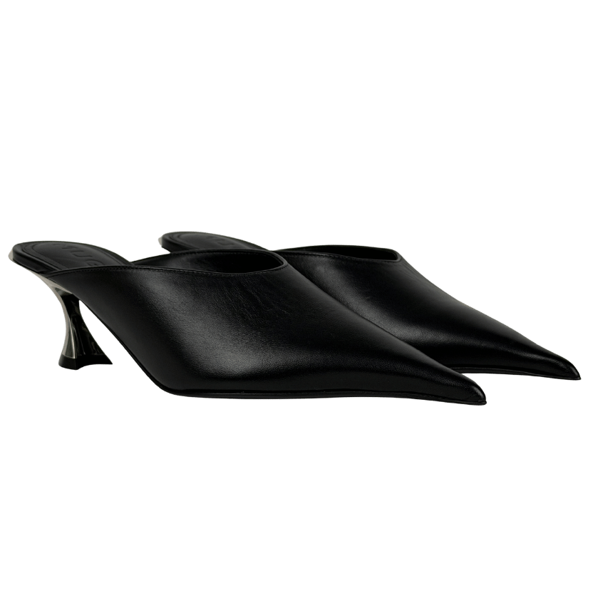 MUGLER Black Leather Fang 55 Sculptural Kitten Heel Mules UK 4 EU 37 👠