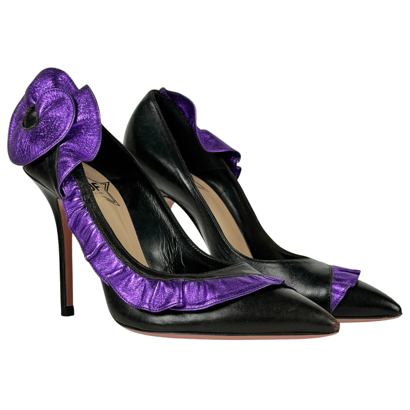JF LONDON Black Leather Stiletto With Purple Frill Detail UK 6 EU 39 👠