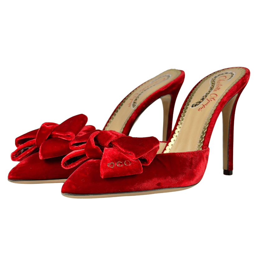 CHARLOTTE OLYMPIA Rose Red Velvet High Heel Bow Mules UK 5 EU 38