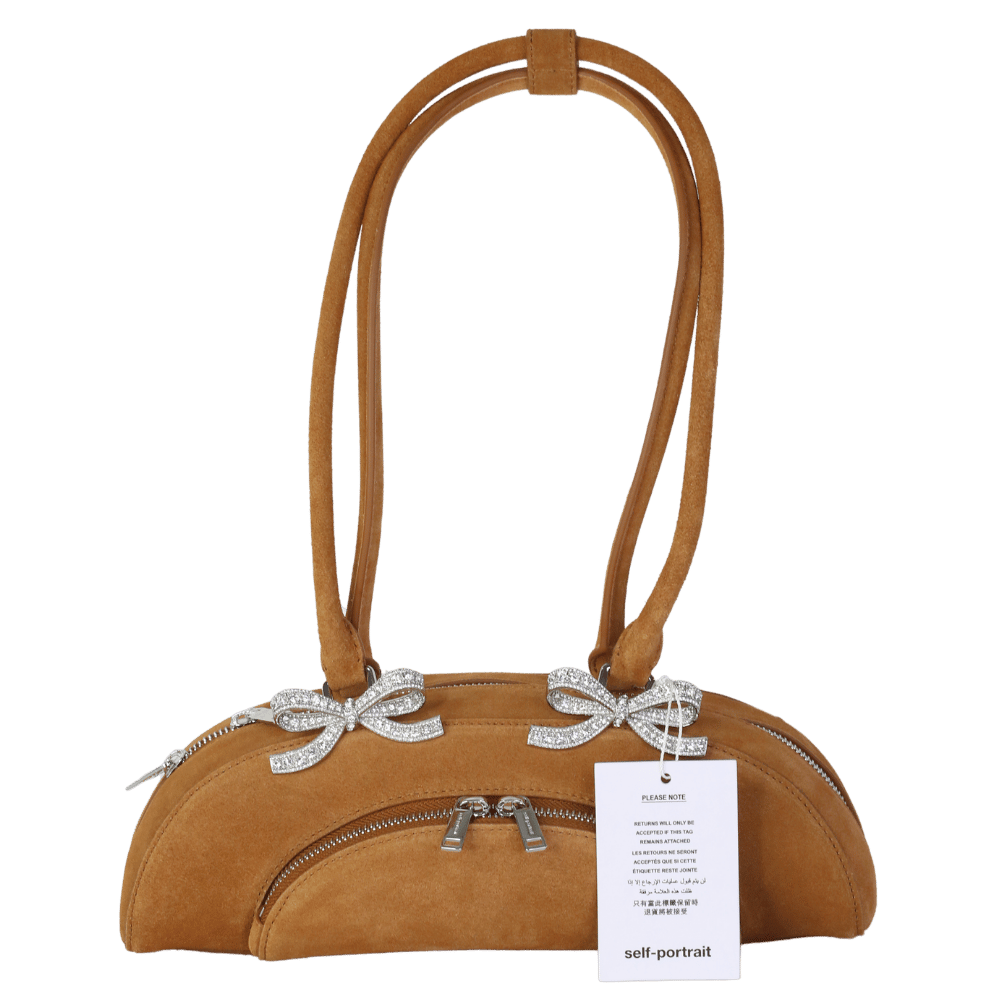 Self-Portrait Tan Brown Suede Embellished Bow-detail Suede Shoulder Bag