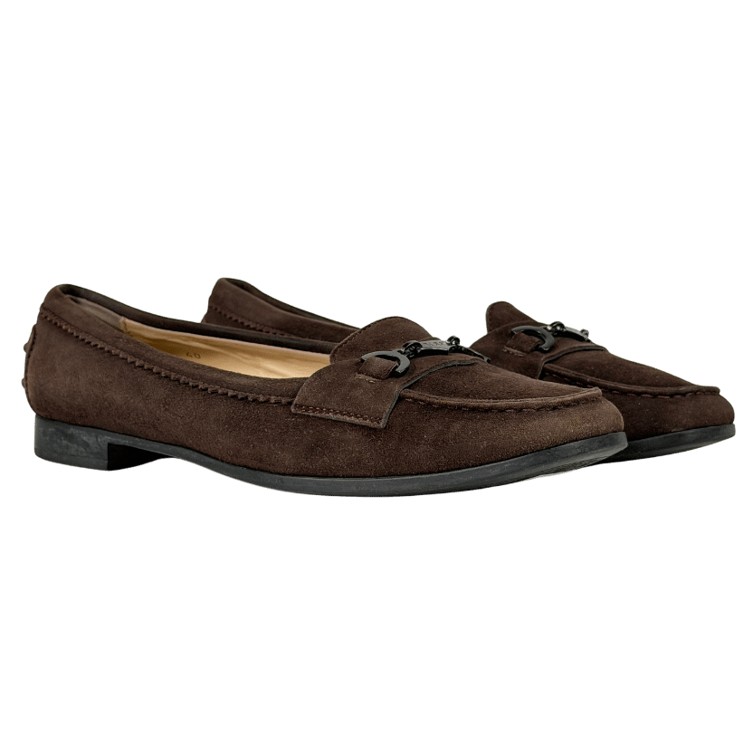 TOD'S Dark Brown Suede Metal Bar Loafers Moccasins Flats UK 7 EU 40