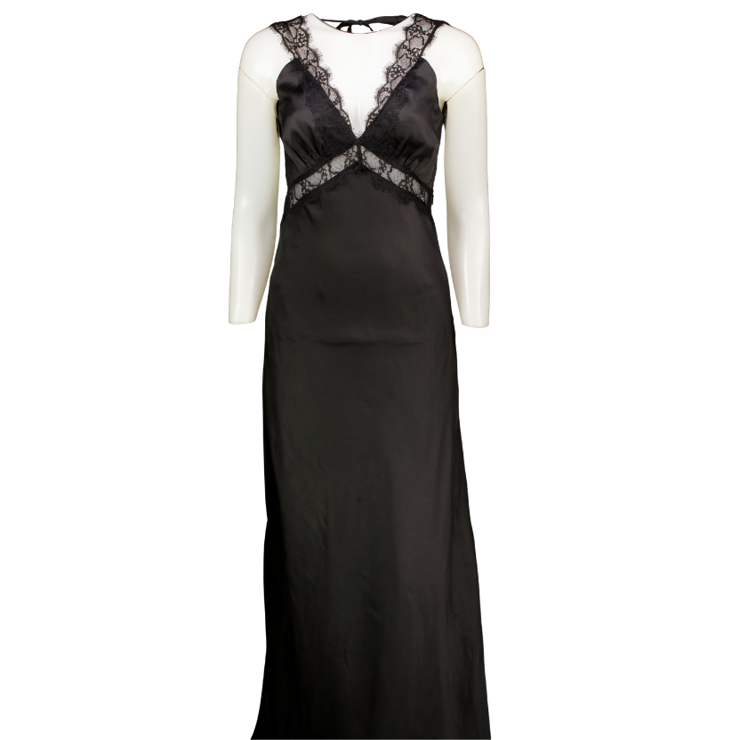 omnes Black Aurelia Lace Trim Satin Maxi Dress UK 8