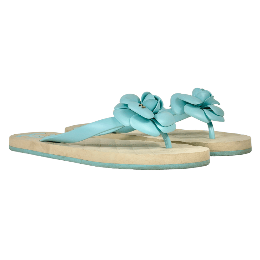 CHANEL Aqua Blue Camelia CC Flip Flops UK 6 EU 39