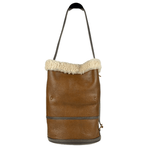 POLO RALPH LAUREN Brown Tumbled Leather Medium Shearling Bucket Bag