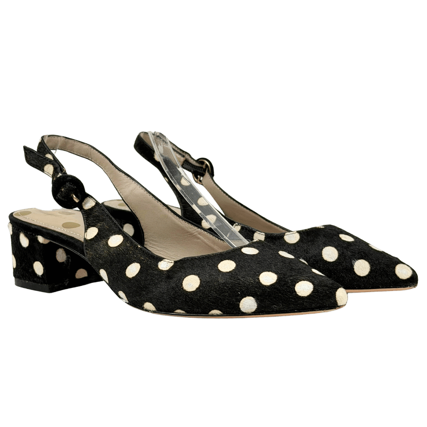 BODEN Black / White Polka Dot Ponyskin Sling Back Heels UK 5 EU 38 👠