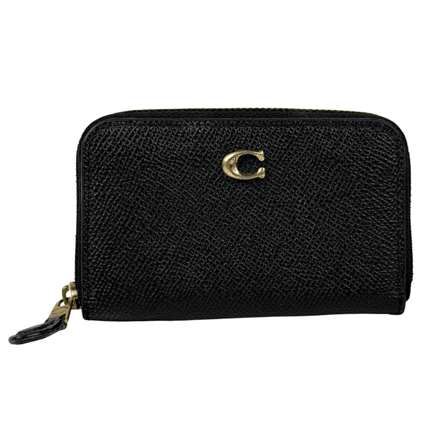 COACH Black Textured Leather Small Zip Around Card Case