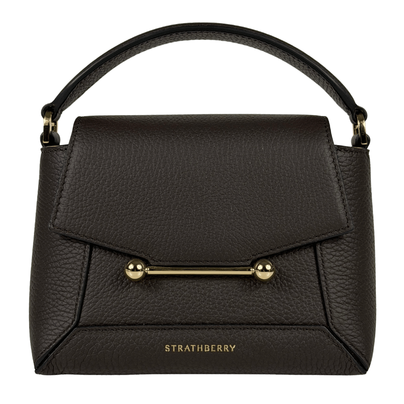 STRATHBERRY Espresso Brown Mosaic Nano Grained Leather Top Handle Bag With Shoulder Strap