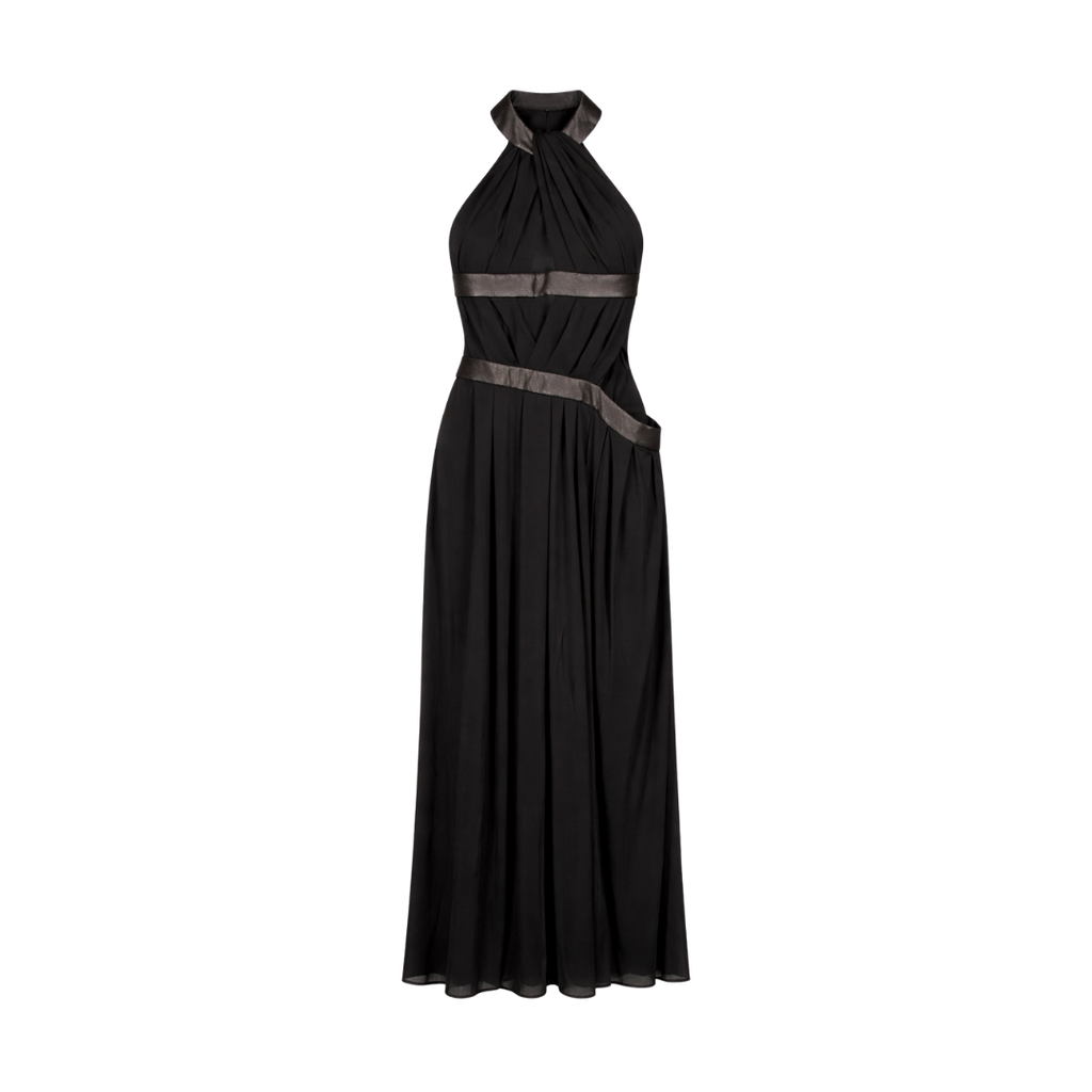 Cult Gaia Black Akshara Draped Maxi Dress With Leather Accents UK S
