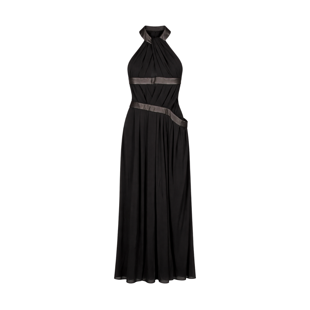 Cult Gaia Black Akshara Draped Maxi Dress With Leather Accents UK S