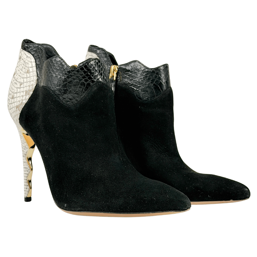 ALEXANDRE BIRMAN Black Suede And Python Pointed Toe Ankle Boots UK 5.5 EU 38.5 👠