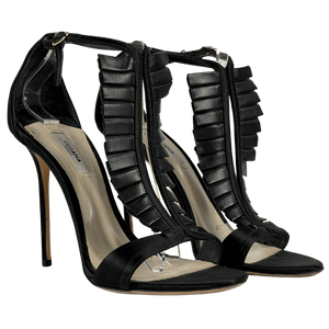 OLGANA PARIS Black Leather & Satin Heeled Sandals UK 4.5 EU 37.5
