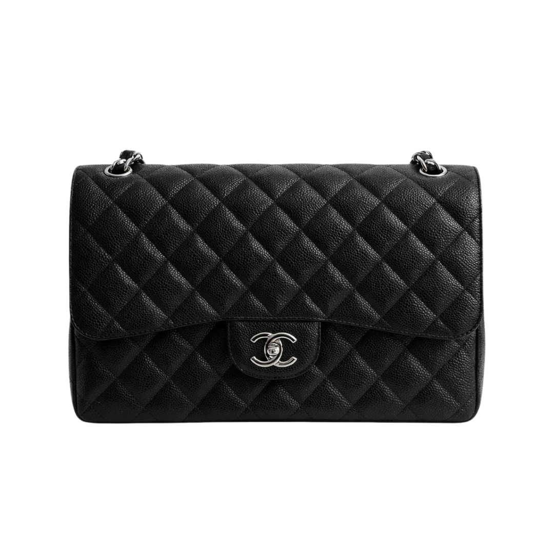 CHANEL Black Jumbo Classic Double Flap Bag in Caviar Leather with Silver Hardware