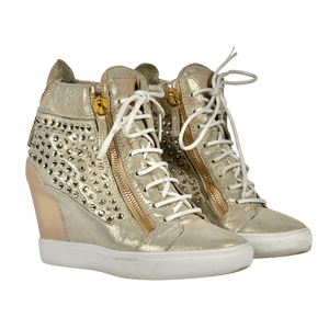 Giuseppe Zanotti Gold/beige Crystal Embellished Wedge Trainer UK 7 EU 40