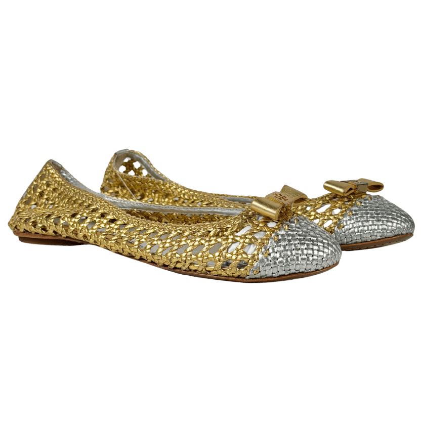 TORY BURCH Metallic Gold/silver Carlyle Woven Leather Bow Logo Ballet Flat Shoes UK 8