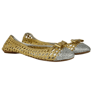 TORY BURCH Metallic Gold/silver Carlyle Woven Leather Bow Logo Ballet Flat Shoes UK 8