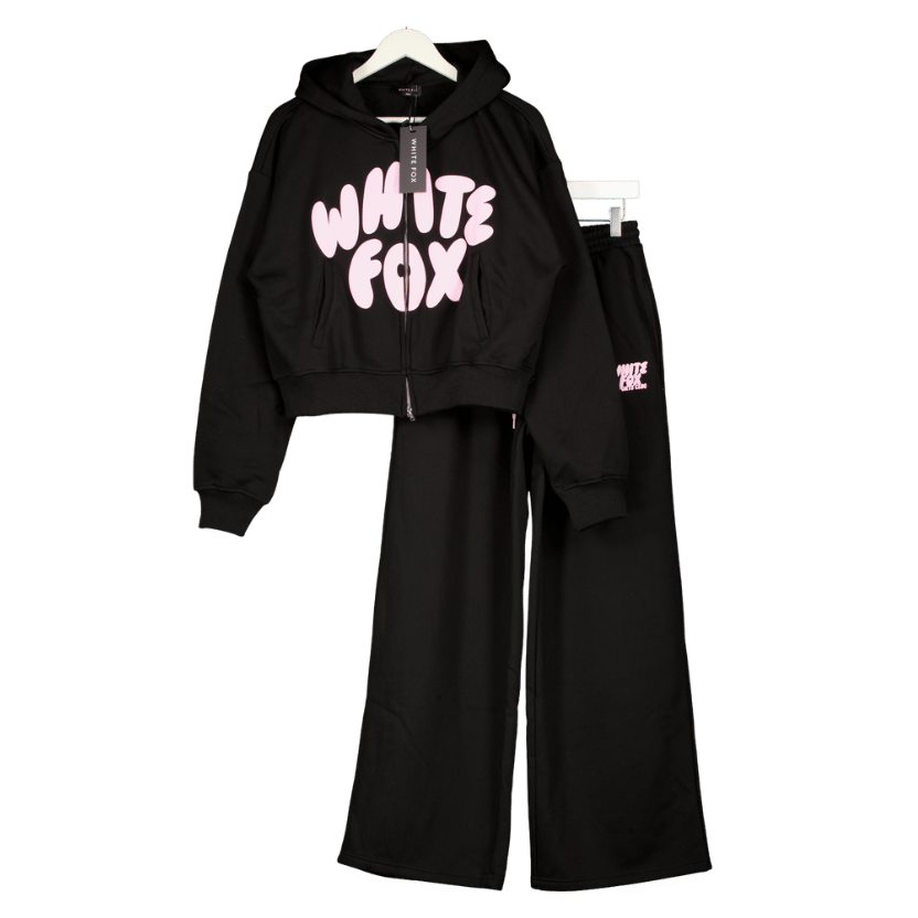 White Fox 2-piece Black Allie Boxy Zip Front Hoodie (UK XS/S)  & Wide Leg Sweatpants (UK M)