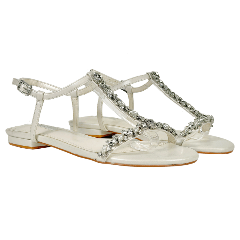 DUNE White Leather Embellished T-bar Sandals UK 4 EU 37 👠