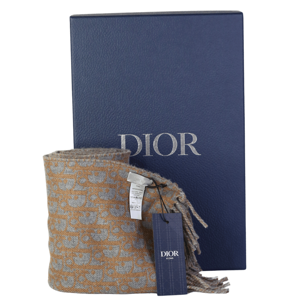 Dior Oblique Double-sided Scarf Grey And Brown Wool And Cashmere