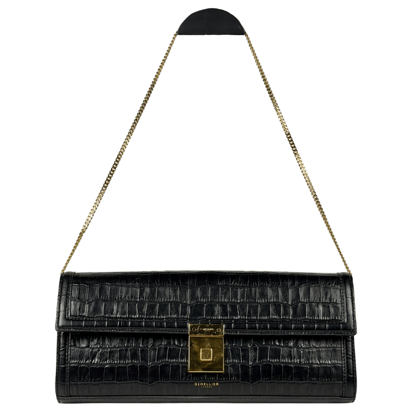 DEMELLIER Paris Clutch in black croc-effect leather with gold chain strap