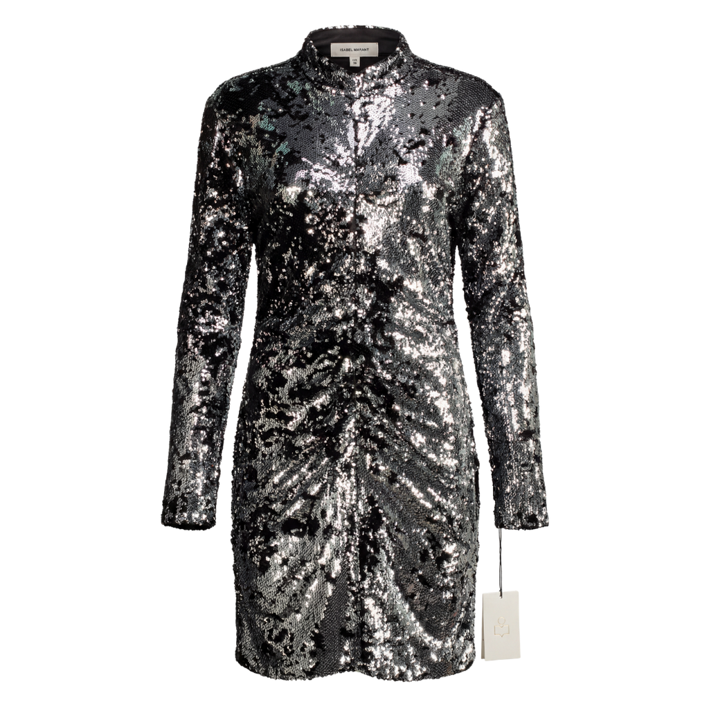 ISABEL MARANT Metallic Silver Marnela Sequin-embellished Minidress UK 14
