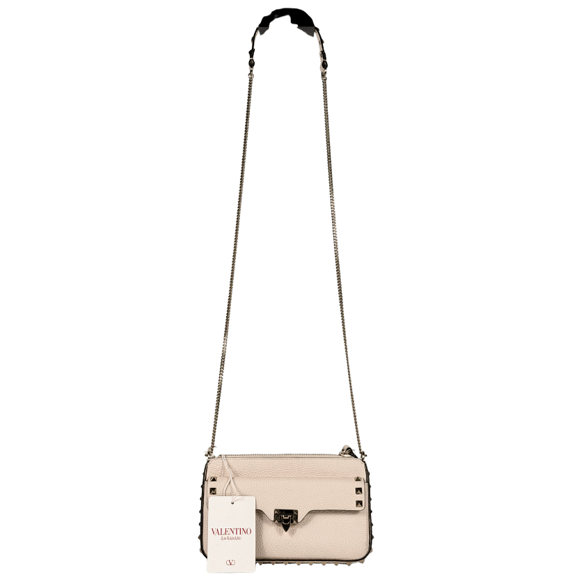 VALENTINO GARAVANI Rockstud Chain Pouch In Grainy Calfskin Leather In Cream / Gold