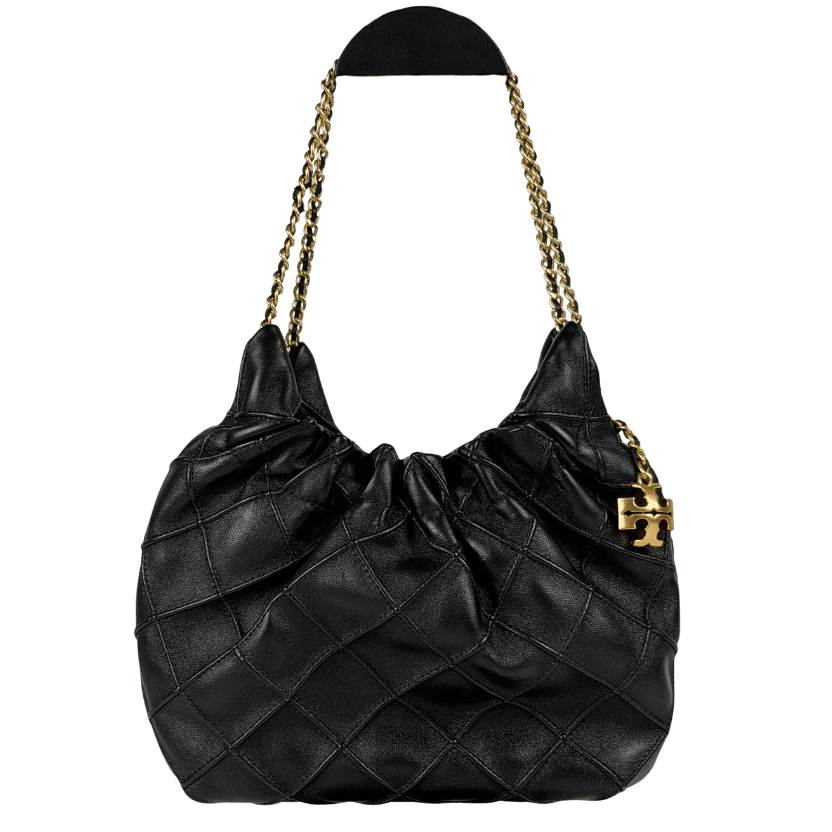 TORY BURCH Black Leather Mini Fleming Soft Hobo Bag with Hanging Logo Charm