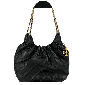 TORY BURCH Black Leather Mini Fleming Soft Hobo Bag with Hanging Logo Charm
