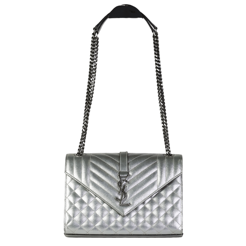 YSL Silver Leather Tri Quilt Monogram Medium Envelope Chain Bag