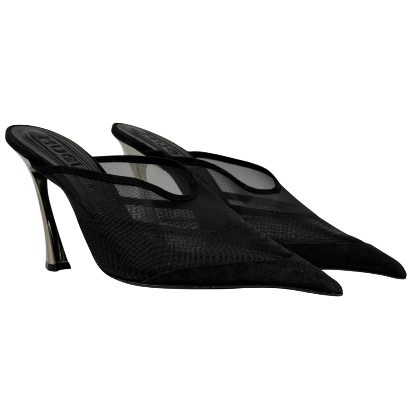 MUGLER Black 95mm Fang Mesh & Suede Sculptural Heel Mules UK 7 EU 40 👠