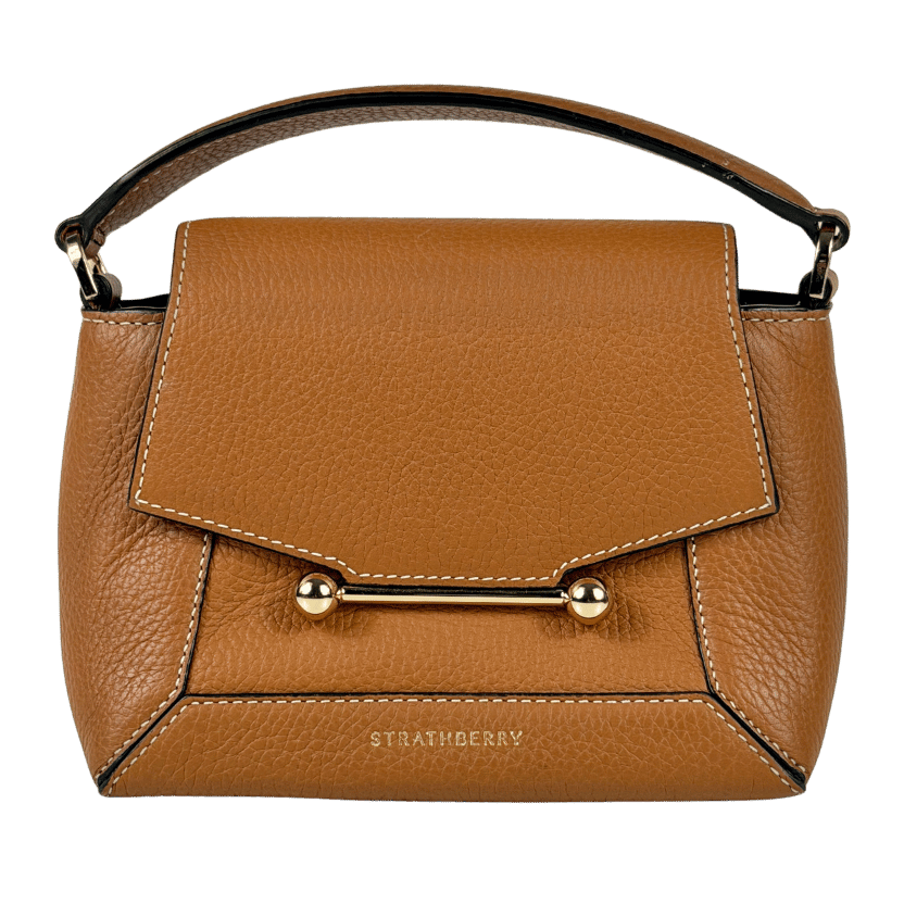 STRATHBERRY Tan Brown / Gold Hardware 100% Pebbled Leather Mosaic Nano Top Handle Bag