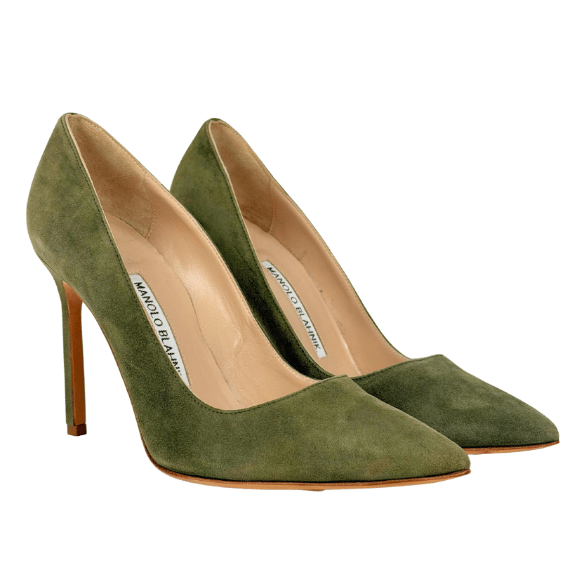 MANOLO BLAHNIK Olive Green Suede Classic Pointed Toe Heels UK 4 EU 37 👠