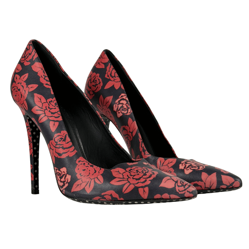 EMANUEL UNGARO Pink And Black Floral Print Pointed-toe Stiletto Shooes UK 7 EU 40