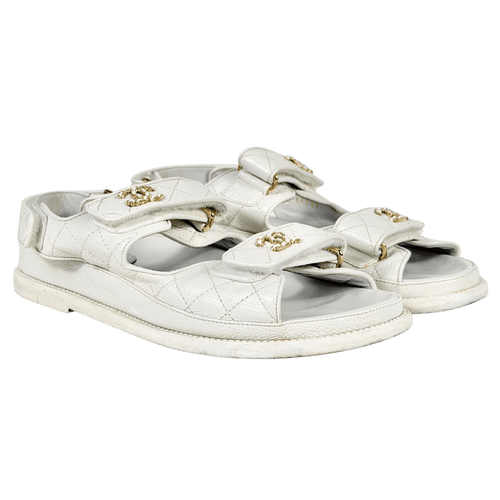 CHANEL White Quilted Caviar Leather Dad CC Logo Flat Sandals UK 5 EU 38