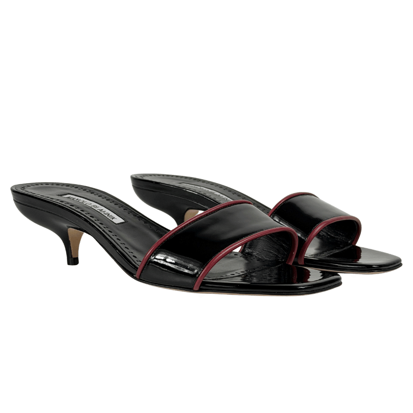 MANOLO BLAHNIK Hemalmu Black Patent Leather 50 Mid Kitten Heel Mules UK 7 EU 40 👠