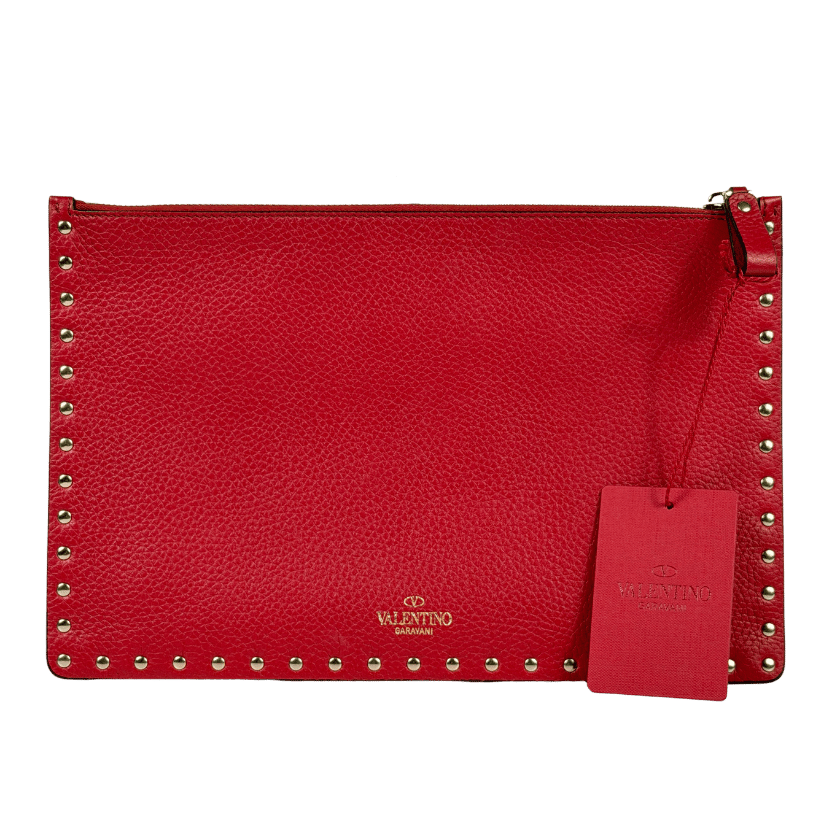 VALENTINO GARAVANI Large Grained Leather Rockstud Zip Pouch Clutch Bag - Red / Gold