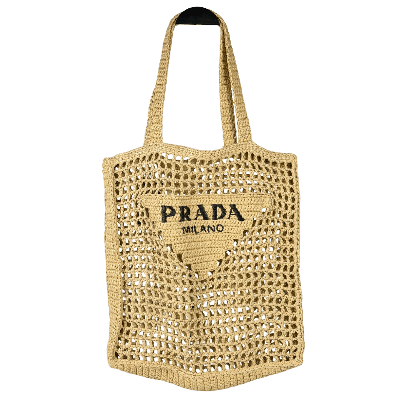 PRADA Beige Small Logo Raffia Tote Bag