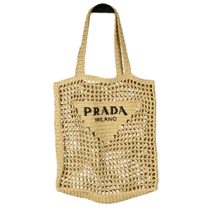 PRADA Beige Small Logo Raffia Tote Bag
