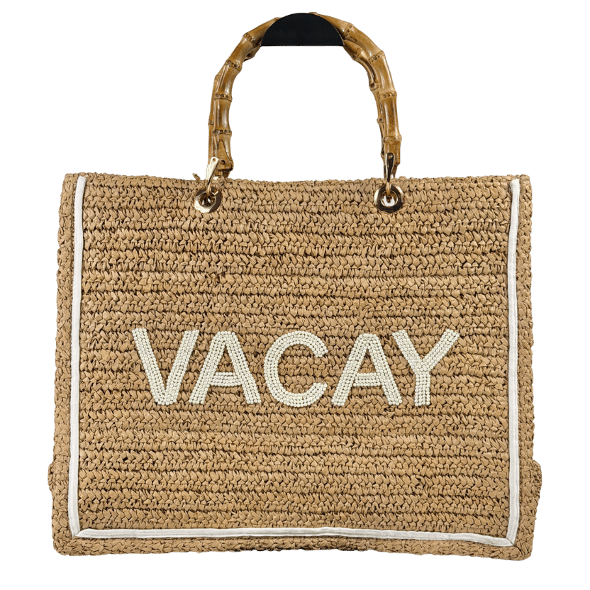 LILY & BEAN Beige Raffia Tote Beach Bag "VACAY" With Bamboo Handles