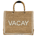 LILY & BEAN Beige Raffia Tote Beach Bag "VACAY" With Bamboo Handles