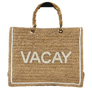 LILY & BEAN Beige Raffia Tote Beach Bag "VACAY" With Bamboo Handles