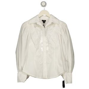 Karen Millen White Poplin Cutwork Ruffle Trim Balloon Sleeve Woven Shirt UK 6