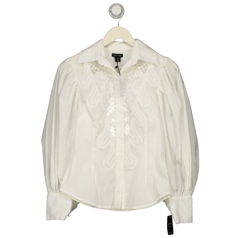 Karen Millen White Poplin Cutwork Ruffle Trim Balloon Sleeve Woven Shirt UK 6
