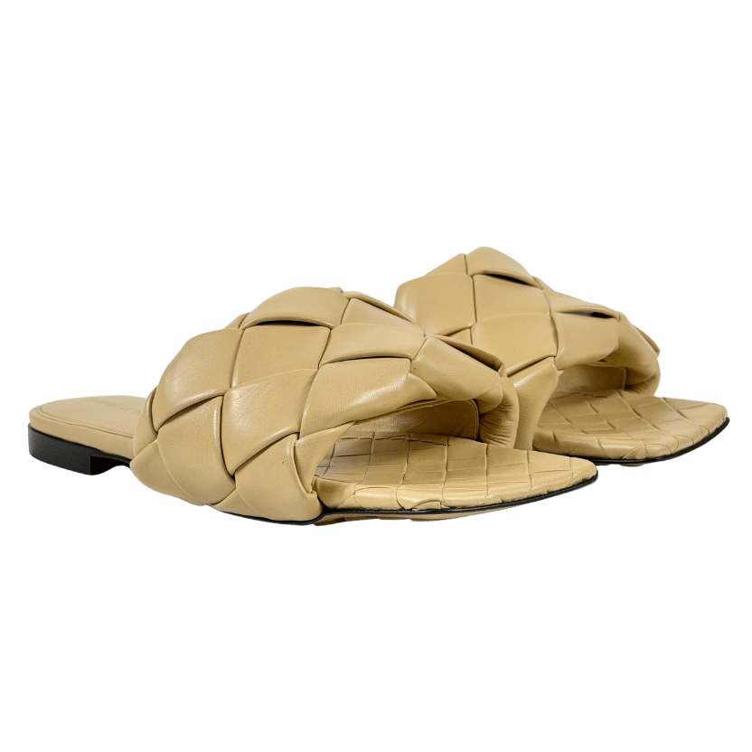 BOTTEGA VENETA Beige Lido Woven Intrecciato Leather Flat Sandals UK 4.5 EU 37.5 👠