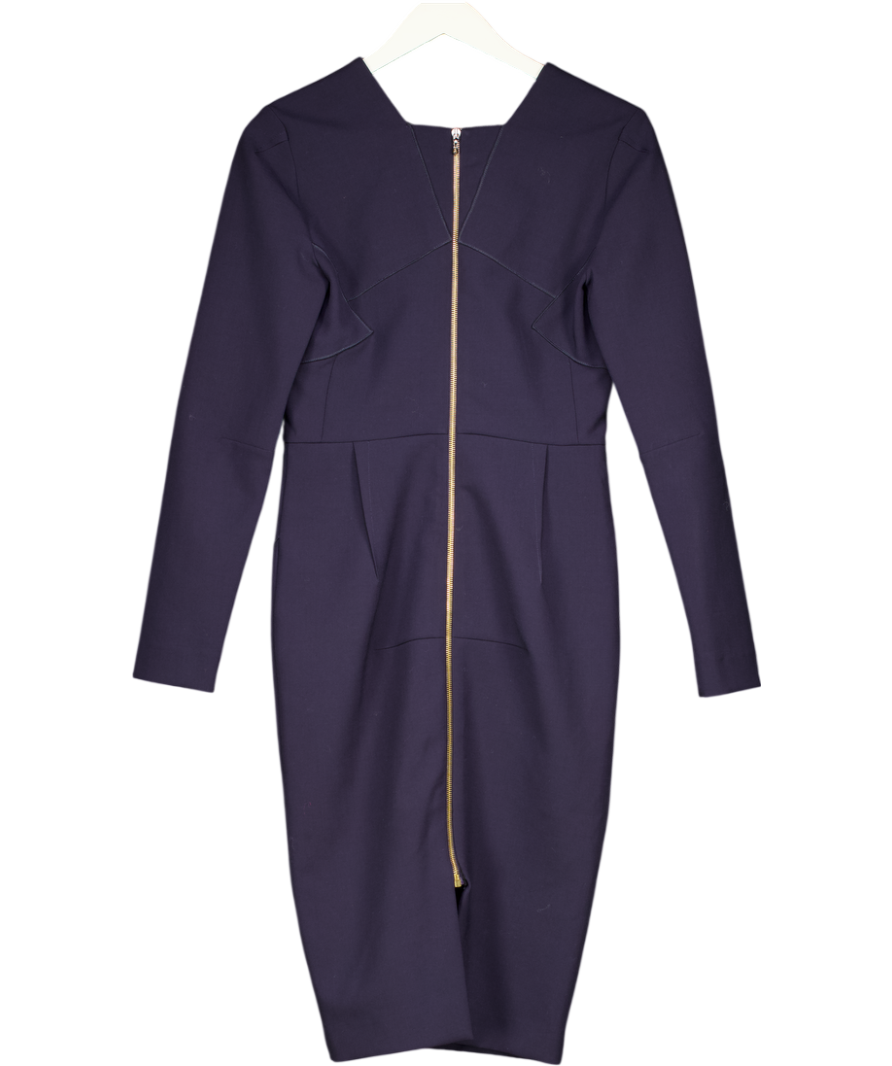 Roland Mouret Blue Classic Wool Blend Long Sleeve Zip Back Pencil Dress UK 12