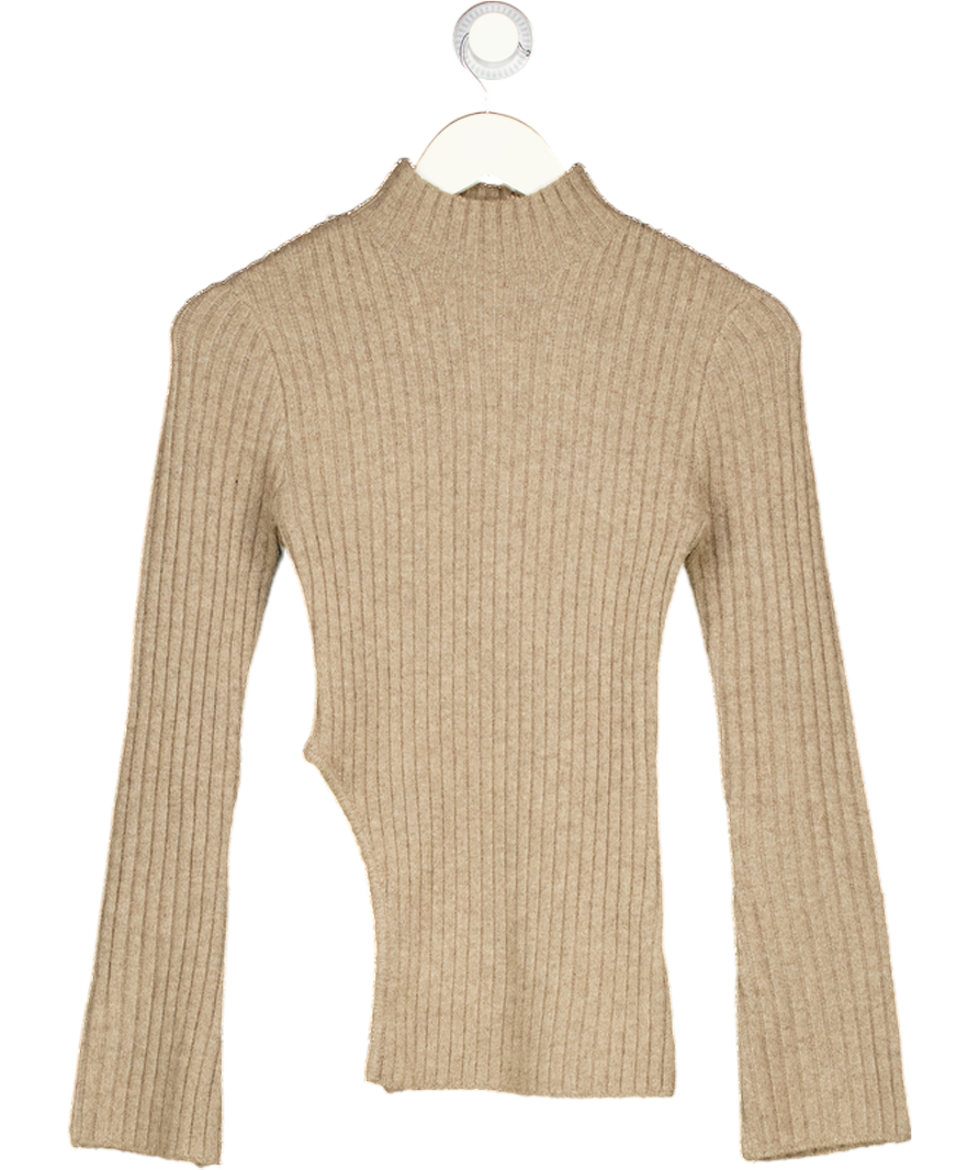 PRETTY LAVISH Brown Ribbed Knit High Neck Jumper UK XS