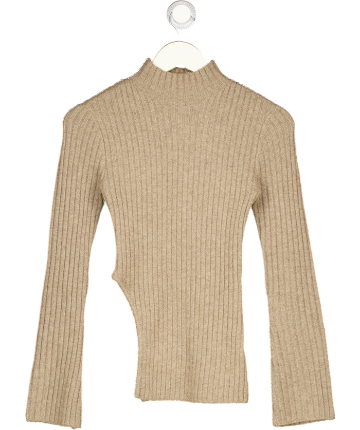 PRETTY LAVISH Brown Ribbed Knit High Neck Jumper UK XS