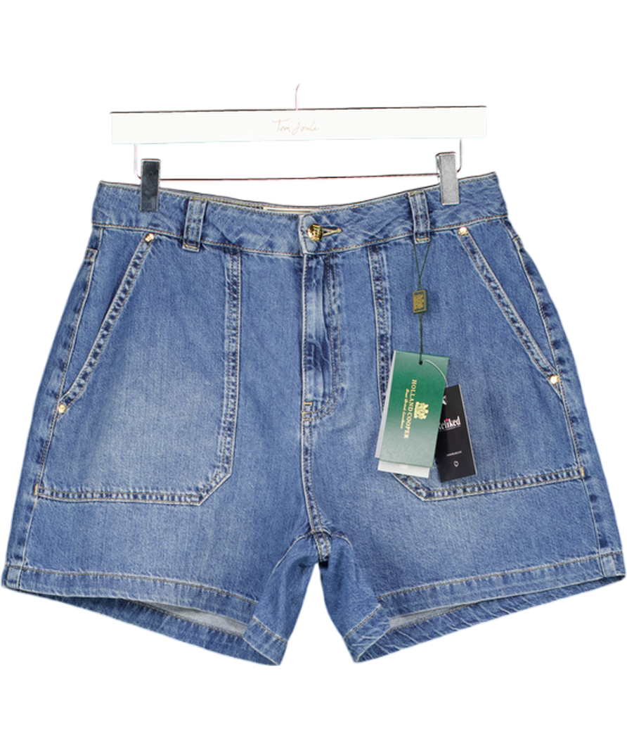 HOLLAND COOPER Blue Utility Denim Shorts With Embroidered Hc Monogram And Logo Patch UK 12